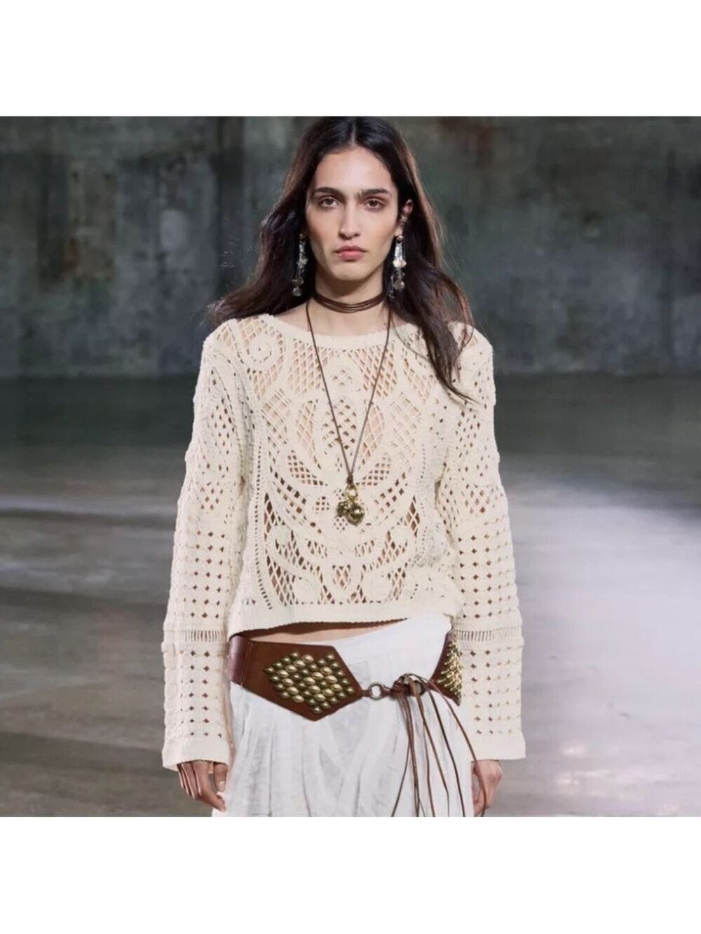 Zara Crochet Style Long Sleeve Top in Light Ecru Size S